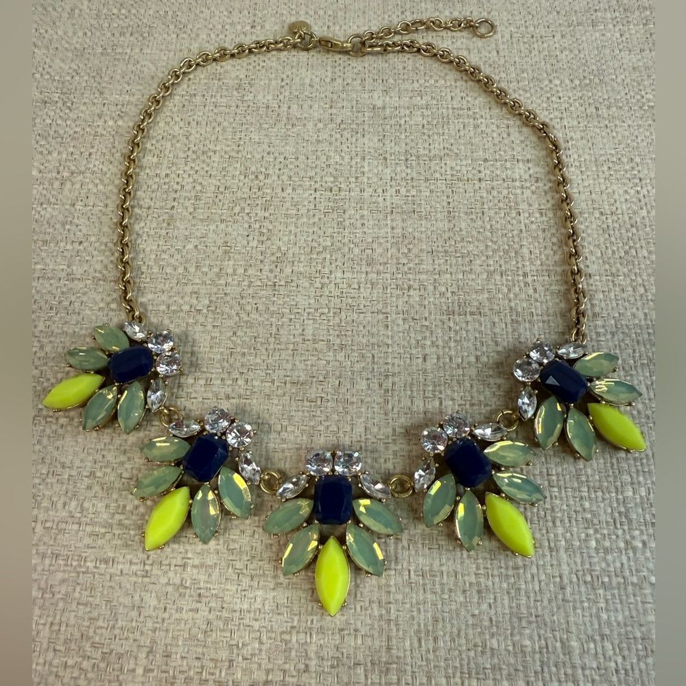 J Crew Gold Blue Yellow Green Crystal Necklace - Picture 3 of 4